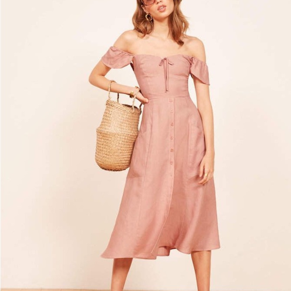 REFORMATION Francis dusty rose pink linen sleeveless button down up midi dress